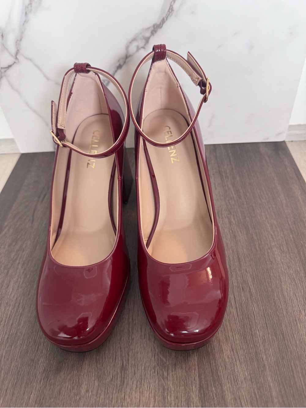 Women's Burgundy Patent Ankle-Strap Heels